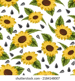 Sunflowers and seeds in a pattern.Vector seamless pattern with sunflowers and seeds on a transparent background.