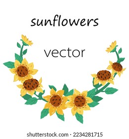 Sunflowers semi-circle design element vector illustration isolated on white. Wreath part or garland of flowers for cards and prints, food and cosmetics labels.