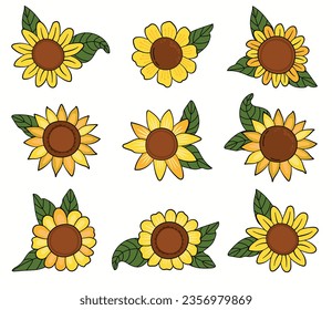 Sunflowers set. Cartoon style. White background, isolate.