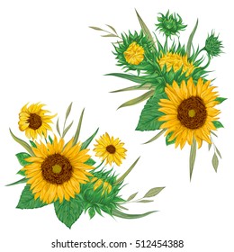 Sunflowers set. Collection decorative floral design elements for wedding invitations and birthday cards. Isolated elements. Vintage hand drawn vector illustration in watercolor style.