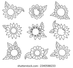 Sunflowers set. Line art. White background, isolate.