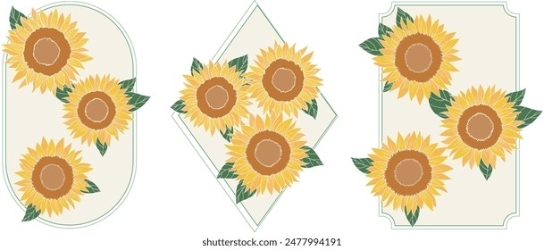 Sunflowers set vector illustration. Yellow flower frame set.