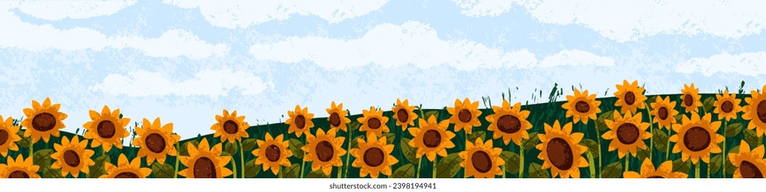 Sombras y cielo, paisaje de verano. Vistas a la naturaleza, fondo ancho. Flores de sol, campo agrícola. Plantación con flores, banner rural en el campo, vista panorámica. Ilustración vectorial plana