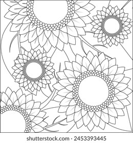 sunflowers and some leaves in white with black lines