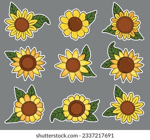 Sonnenblumen Aufkleber Set. Cartoon-Stil.
