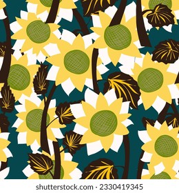 Sunflowers, stylized floral pattern. Vector seamless pattern. Bright modern design in a flat style, drawn in a freehand style.