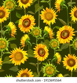 Sunflowers summer vector seamless pattern.