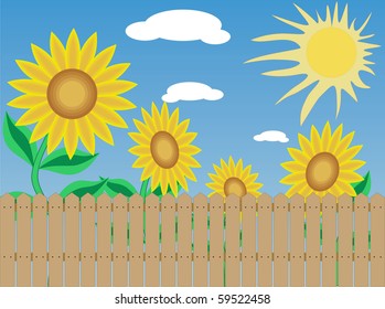 Sunflowers, the sun and sky with clouds are shown in the picture.