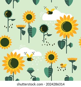 Sombrillas. Campo de girasoles. Patrón sin foco. Imagen vectorial.