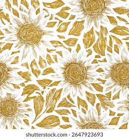 Sunflowers, their petals rendered in gold leaf, Sunflowers seamless pattern, seamless repeating vector pattern, design and pattern for textile print. Vector illustration.

