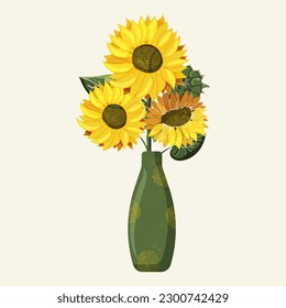 Sunflowers in a vase. A homemade bouquet is in a green jug. Summer field flowers. Postcard or poster on the theme of botany. Drawn with paint. isolated object. Vector illustration