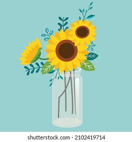 Sunflowers in vase. Illustration design for birthday, wedding, date, sale, anniversary invitations, greeting card.