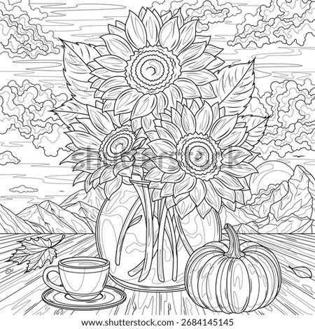 Sunflowers in a vase on the table, a pumpkin, and a cup of coffee.Coloring book antistress for children and adults. Illustration isolated on white background.Zen-tangle style. Hand draw