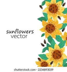 Sunflowers vector hand drawn banner or card design, flat illustration isolated on white background. Background for wedding invitations and food labels with sunflowers garland in vertical.
