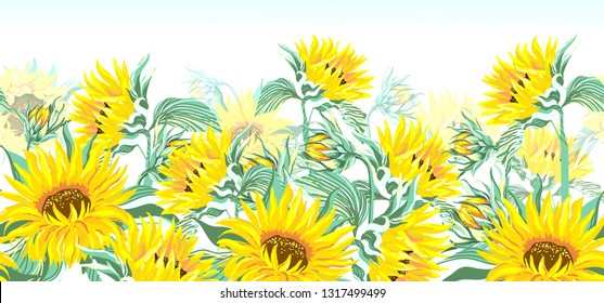 Sunflowers. Vector Horizontal Border Seamless Pattern. 