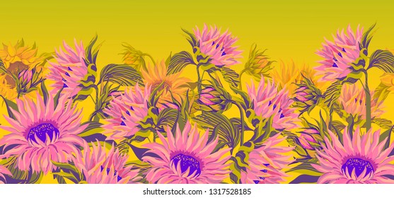 Sunflowers. Vector horizontal border seamless pattern.Vector illustration. 