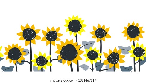 Sunflowers. Vector horizontal border seamless pattern. Hand drawn sunflowers on a white background.