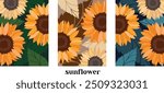 Sunflowers vector illustration, drawing of yellow sunflowers. Set of posters with the image of sunflower flowers on a dark background