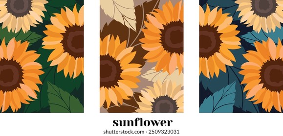 Sunflowers vector illustration, drawing of yellow sunflowers. Set of posters with the image of sunflower flowers on a dark background