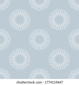 Sunflowers. Vector seamless pattern. Simple style. The white outline of elements on a gray background. For backdrops decoration, banners, textiles, paper, fabrics, prints, and more creatives designs.