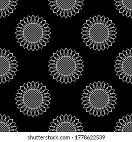 Sunflowers. Vector seamless pattern. Simple modern style. White elements on a black background. For backdrops decoration, banners, packings, textiles, paper, fabrics, and more creatives designs.