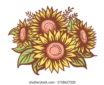 Sunflowers. Vintage vector sketch bouquet sunflowers. Vector color printable floral isolated on white for design