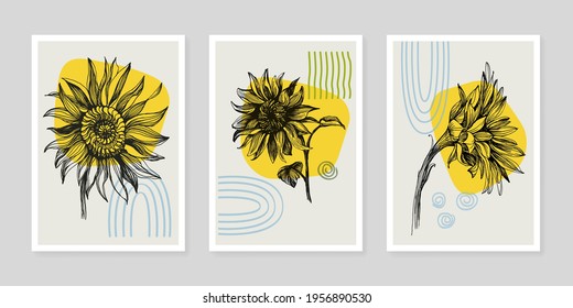 Sunflowers wall art plant set. Foliage of nature line art drawing with abstract shape. Modern Abstract Plant Art design for print, cover, wallpaper, illustration with decor wall art.