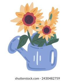 Sunflowers in watering can blue colour flat design on white background