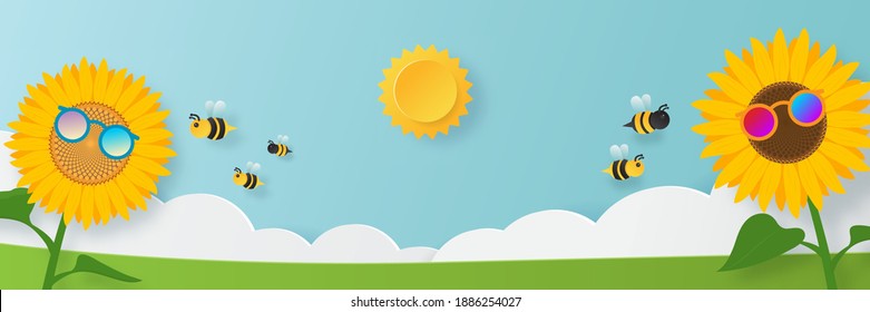 Sunflowers wearing sunglasses with bee in the morning. Flat paper art style. illustration vector