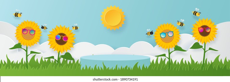 Sunflowers wearing sunglasses with bee in the morning. Sunflowers  field landscape banner with podium platform. Flat paper art style