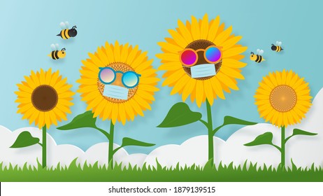 Sunflowers wearing a surgical mask protection of virus and sunglasses with bee. Flat paper art style. illustration vector