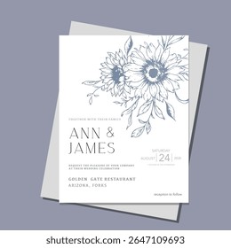 Sunflowers Wedding Invitation template, Outline Sunflowers Minimalist Wedding Invitate Template, Line Art Sunflowers Wedding