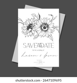 Sunflowers Wedding Invitation template, Outline Sunflowers Minimalist Wedding Invitate Template, Line Art Sunflowers Wedding