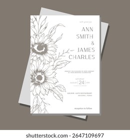 Sunflowers Wedding Invitation template, Outline Sunflowers Minimalist Wedding Invitate Template, Line Art Sunflowers Wedding