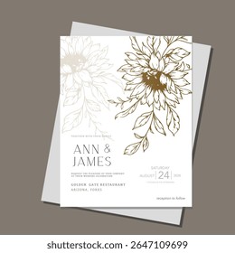 Sunflowers Wedding Invitation template, Outline Sunflowers Minimalist Wedding Invitate Template, Line Art Sunflowers Wedding