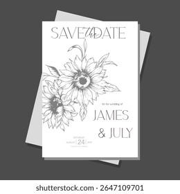 Sunflowers Wedding Invitation template, Outline Sunflowers Minimalist Wedding Invitate Template, Line Art Sunflowers Wedding