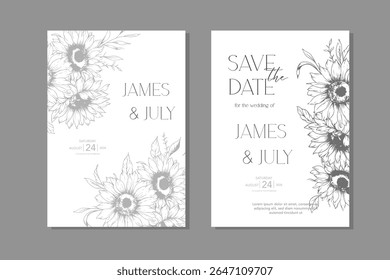 Sunflowers Wedding Invitation template, Outline Sunflowers Minimalist Wedding Invitate Template, Line Art Sunflowers Wedding