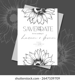 Sunflowers Wedding Invitation template, Outline Sunflowers Minimalist Wedding Invitate Template, Line Art Sunflowers Wedding