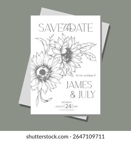 Sunflowers Wedding Invitation template, Outline Sunflowers Minimalist Wedding Invitate Template, Line Art Sunflowers Wedding