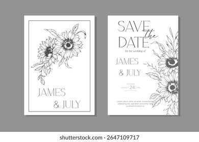 Sunflowers Wedding Invitation template, Outline Sunflowers Minimalist Wedding Invitate Template, Line Art Sunflowers Wedding