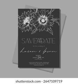 Sunflowers Wedding Invitation template, Outline Sunflowers Minimalist Wedding Invitate Template, Line Art Sunflowers Wedding