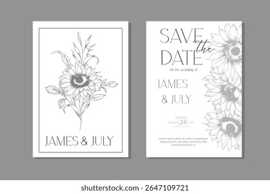 Sunflowers Wedding Invitation template, Outline Sunflowers Minimalist Wedding Invitate Template, Line Art Sunflowers Wedding