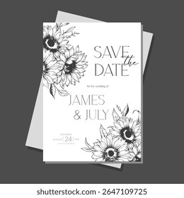 Sunflowers Wedding Invitation template, Outline Sunflowers Minimalist Wedding Invitate Template, Line Art Sunflowers Wedding