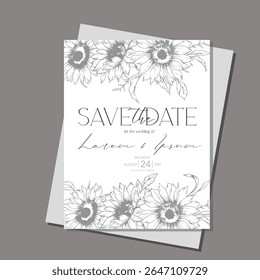 Sunflowers Wedding Invitation template, Outline Sunflowers Minimalist Wedding Invitate Template, Line Art Sunflowers Wedding