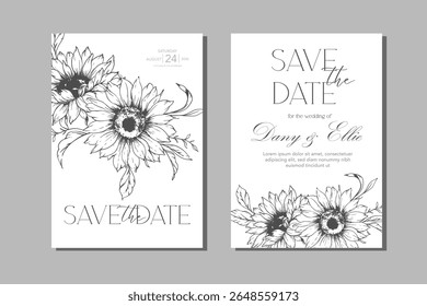 Sunflowers Wedding Invitation template, Outline Sunflowers Minimalist Wedding Invitate Template, Line Art Sunflowers Wedding