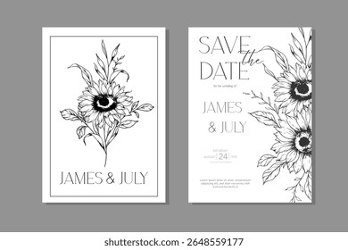 Sunflowers Wedding Invitation template, Outline Sunflowers Minimalist Wedding Invitate Template, Line Art Sunflowers Wedding
