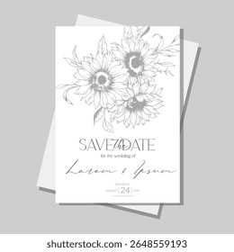 Sunflowers Wedding Invitation template, Outline Sunflowers Minimalist Wedding Invitate Template, Line Art Sunflowers Wedding