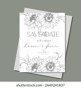 Sunflowers Wedding Invitation template, Outline Sunflowers Minimalist Wedding Invitate Template, Line Art Sunflowers Wedding