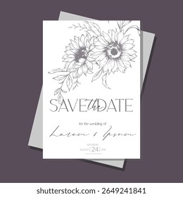 Sunflowers Wedding Invitation template, Outline Sunflowers Minimalist Wedding Invitate Template, Line Art Sunflowers Wedding
