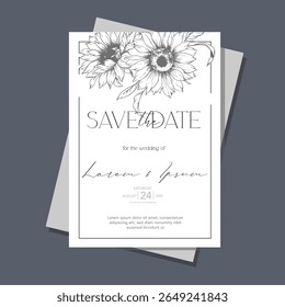Sunflowers Wedding Invitation template, Outline Sunflowers Minimalist Wedding Invitate Template, Line Art Sunflowers Wedding